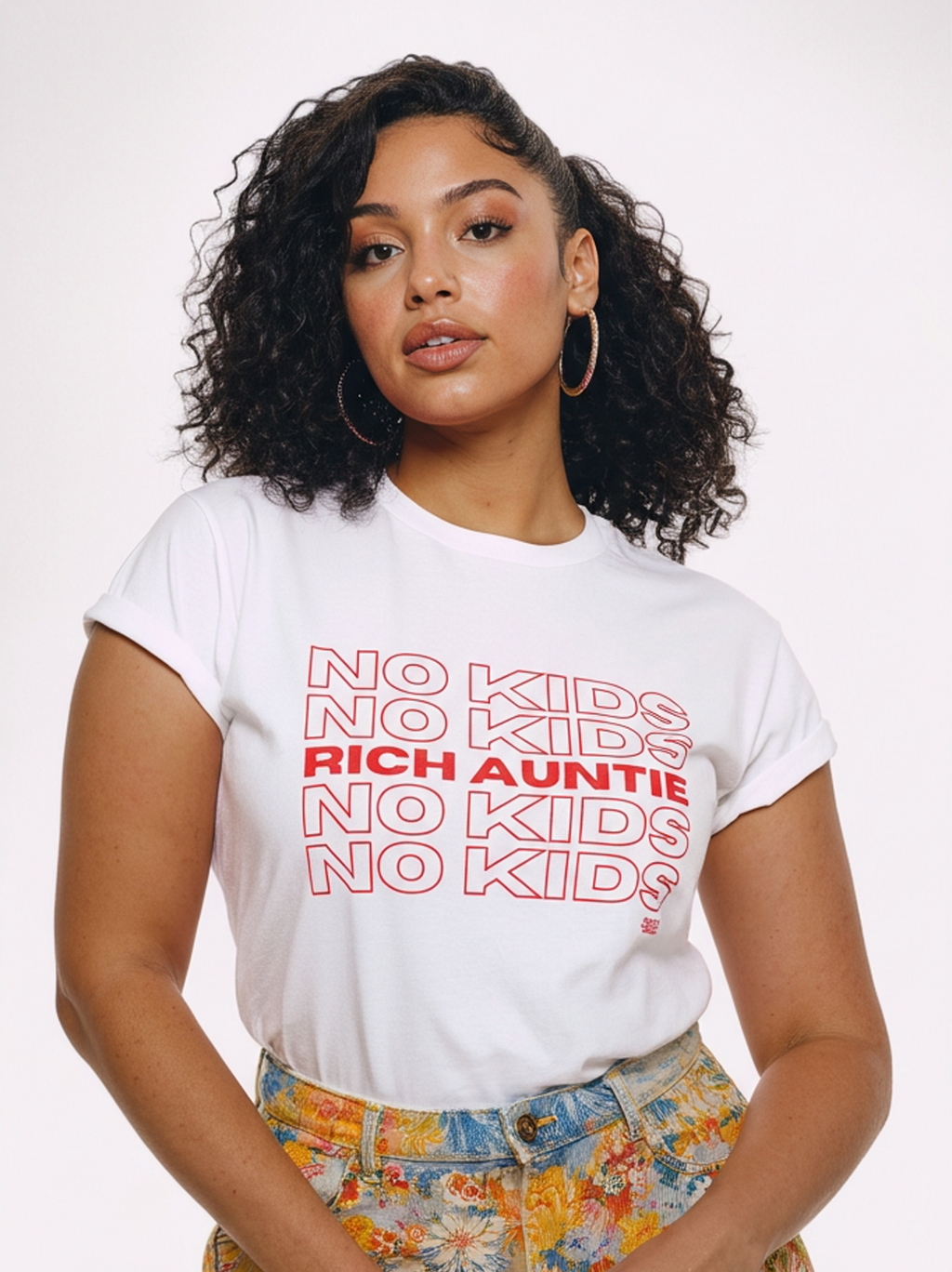 Woman wearing a white t-shirt with red text on a white background